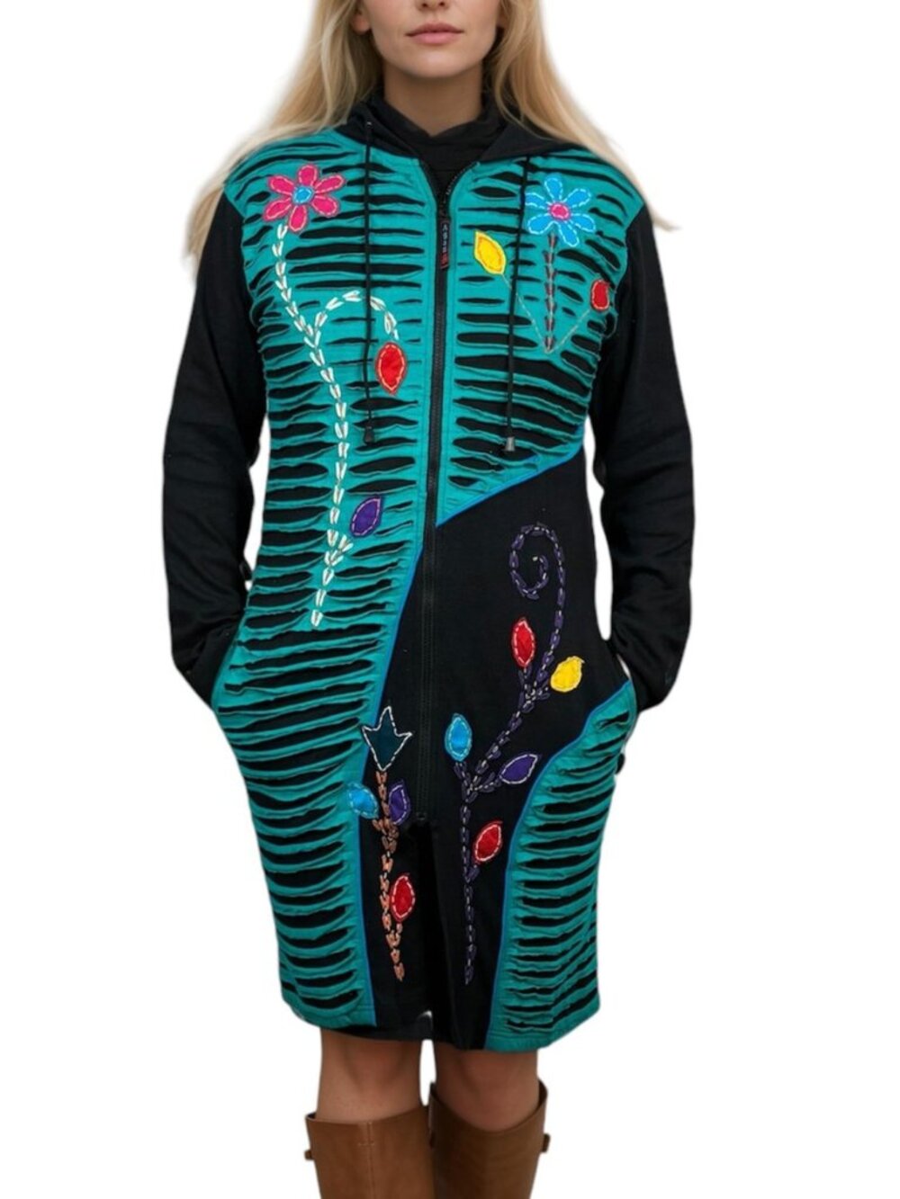 Women's 2026 Bohemian Patchwork Hooded Jacket - Distressed Embroidered Razor Cut